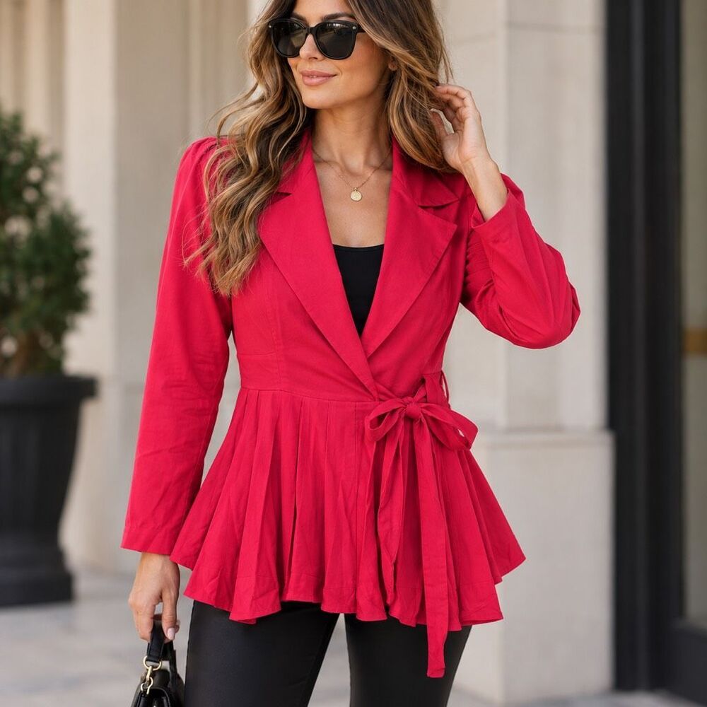 The Pyramid Collection Belted Pleated Peplum Wrap Blazer RED L NEW